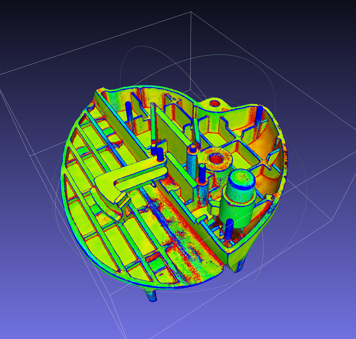 3D model of a OLO Box Cutter with color-coded Edge distance analysis on a blue background